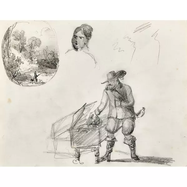 Landschaft mit Angler, Frauenkopf und Chevalier