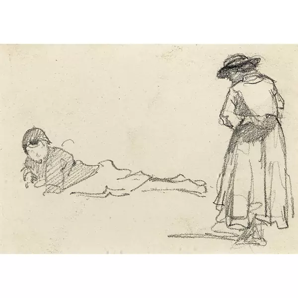 Frau mit Hut und liegendes Mädchen