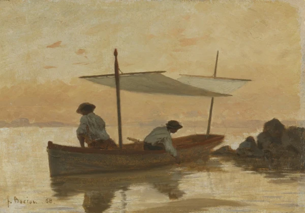 François Bocion — BARQUE DE L'ARTISTE AU MOUILLAGE PRÈS DE LA PLAGE DE DORIGNY, 1868BOAT OF THE ARTIST ANCHORING NEAR THE BEACH OF DORIGNY , 1868