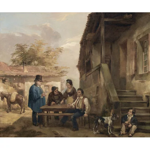 François Bonnet — Hofansicht mit zechenden Bauern.
