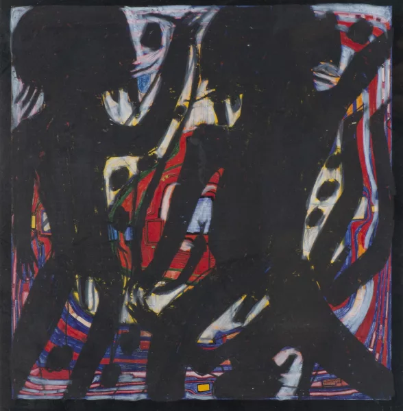François BURLAND (1958), "3 personnages sur un Hundertwasser" (1996), pastel gras — DognyAuction