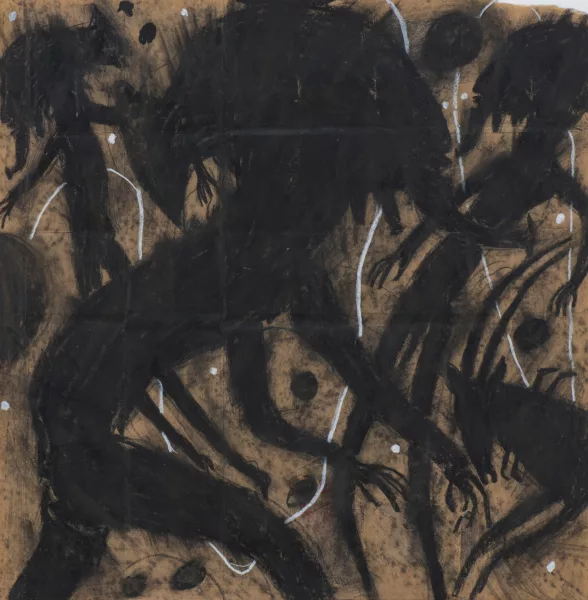 François BURLAND (1958), 'Personnages et gazelles'…, fusain et pastel — DognyAuction