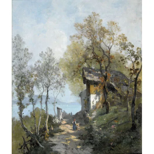 François de Niederhäusern — Sonnige Wegpartie mit Bäuerin und Kind.