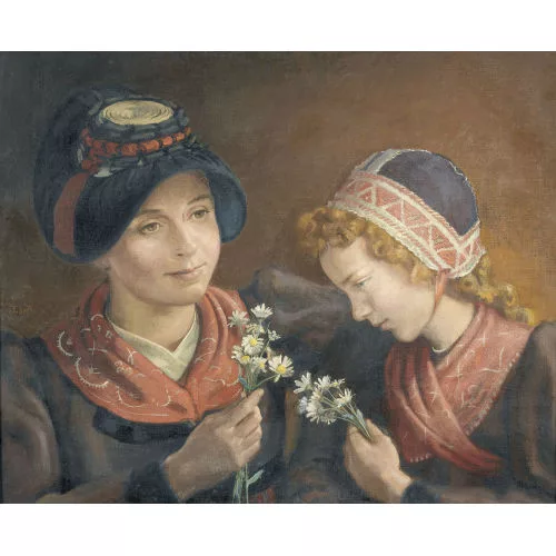 François de Ribaupierre — Zwei junge Walliserinnen mit Margeriten.