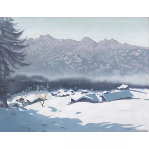 François de Ribaupierre — Winterlich verschneites Dorf im Oberwallis.