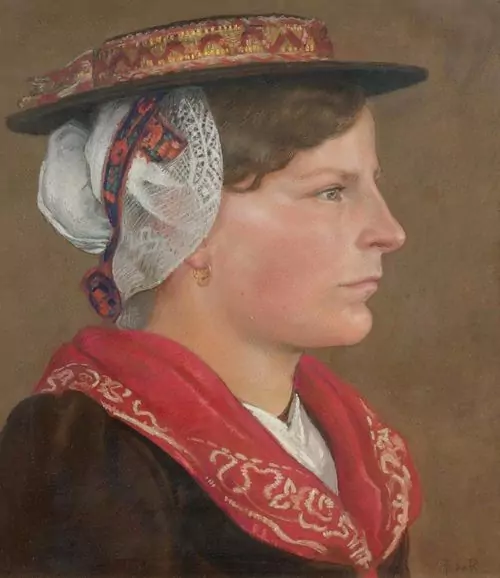 FRANÇOIS DE RIBAUPIERRE — Walliserin im Profil mit rotem Schal. — Koller Auktionen