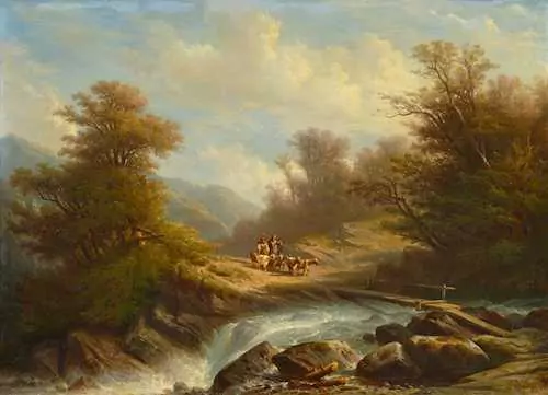 FRANÇOIS DIDAY — Rivière, arbres, pont, chèvres. 1864. — Koller Auktionen