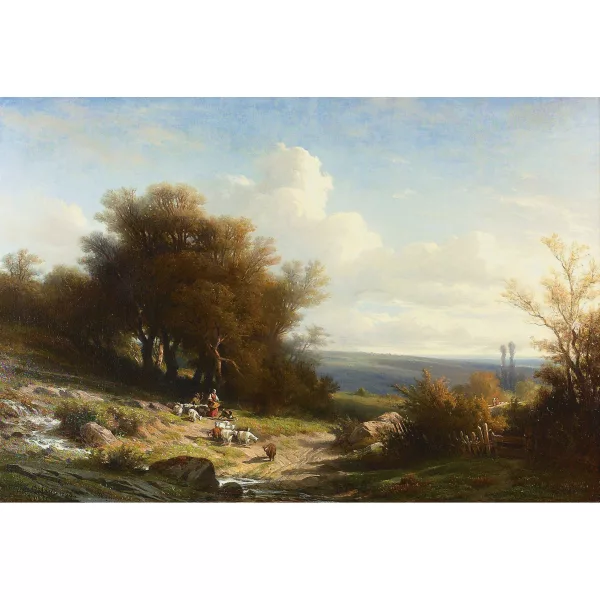 François Diday — Baumbestandene Anhöhe mit Figuren- und Tierstaffage.