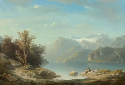 DIDAY, FRANCOIS — Lake Lucerne near Brunnen with a view of Seelisberg, the Rütli meadow and the Engelberger Rotstock. 1855. — Koller Auktionen