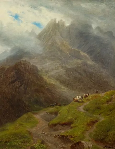 DIDAY, FRANCOIS — Cows grazing on the Schwarzwaldalp near Roslaui with the Engelhörner in the background. — Koller Auktionen