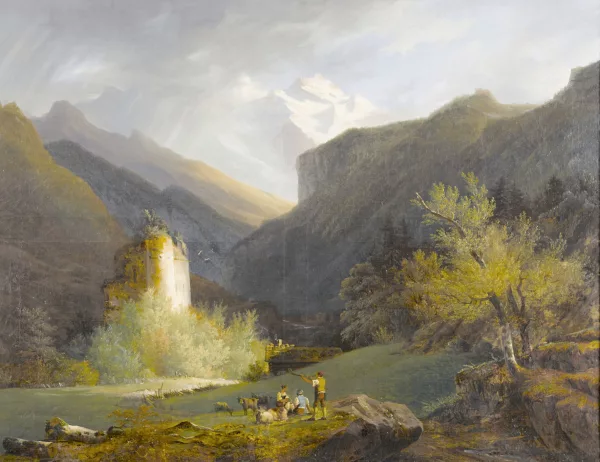 François Diday — Landschaft mit Jungfrau und Ruine Unspunnen.