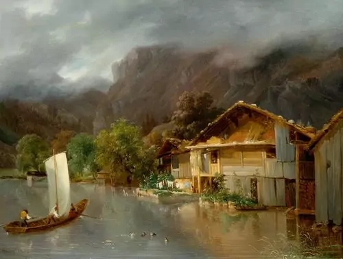FRANÇOIS DIDAY — House at Lake Brienz with boat and ducks. 1832. — Koller Auktionen