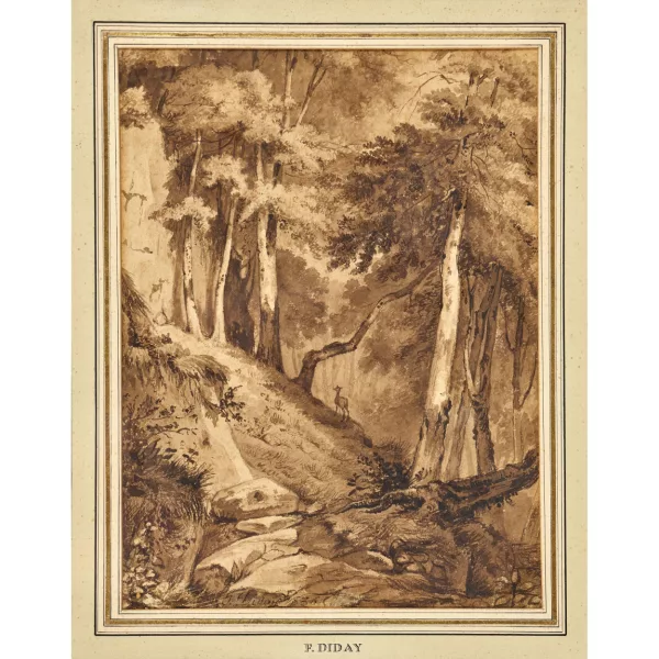 François Diday — Steile Waldpartie mit Reh.