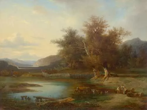 FRANÇOIS DIDAY — A vast landscape with shepherds and animals by water. 1837. — Koller Auktionen