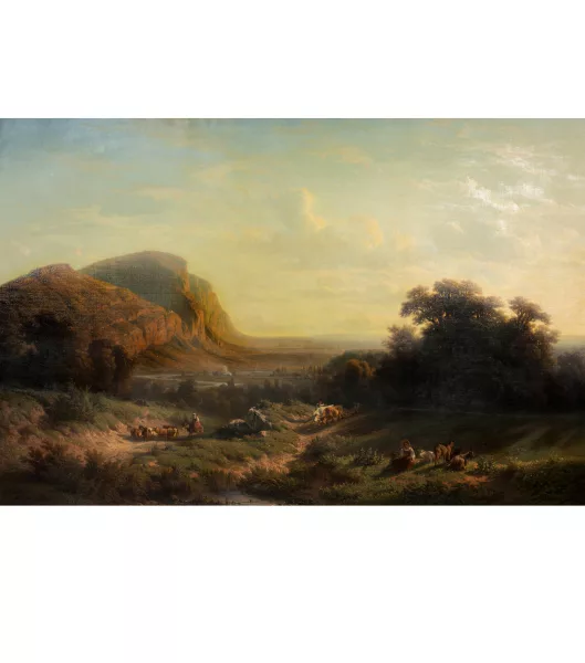 François Diday — Ansicht der Monts Salèves im Abendlicht mit bäuerlicher Staffage