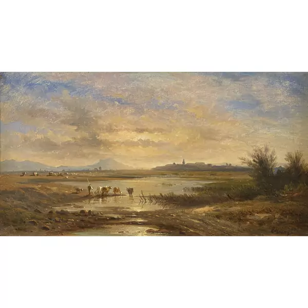 "Vue de la ville de Fréjus (le soir) prise de la plage de St. Raphäel"