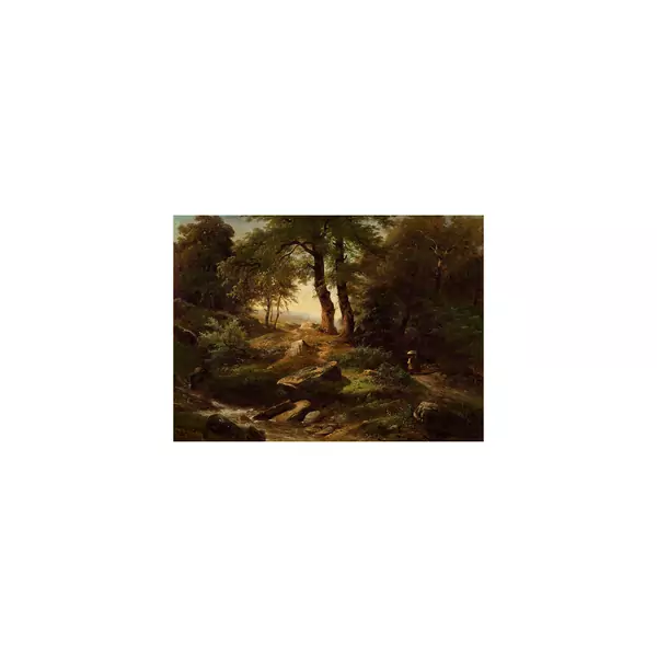 Waldlandschaft mit einem Bach und Bäuerin mit Kind