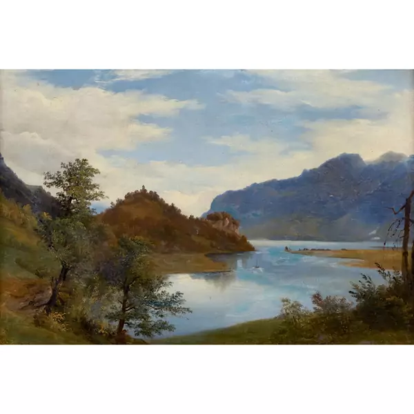 Blick von einer Anhöhe gegen die Kirchenruine Goldswil und den Brienzersee