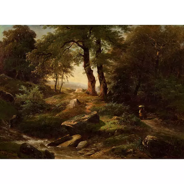 Waldlandschaft mit Bach und Bäuerin mit Kind