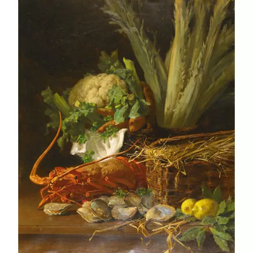 Stillleben mit Languste, Muscheln und Kohl