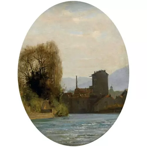 Flusslandschaft mit Stadt