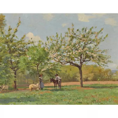 Wiese mit blühendem Obstbaum und Bauernpaar