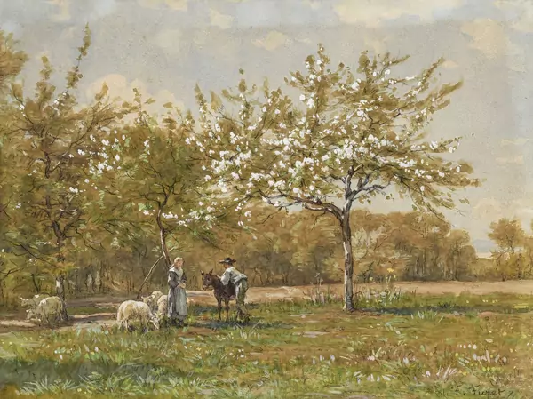 Vue d'une prairie avec couple de paysans