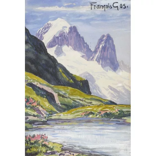 François Gos — Sommerlicher Bergsee mit Blick auf vergletscherte Berge.
