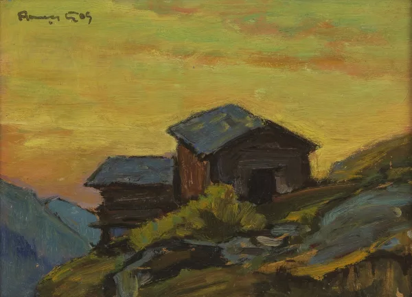 François Gos — Deux chalets au coucher du soleil