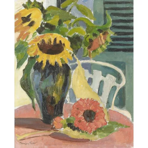 François Gos — Stillleben mit Sonnenblumen auf einem Tisch.