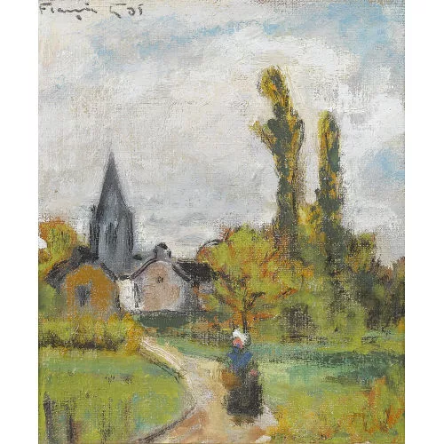 François Gos — Französisches Dorf mit Bäuerin.