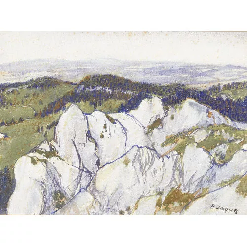 François Jaques — Sommerliche Juralandschaft mit Felsen und Wäldern.
