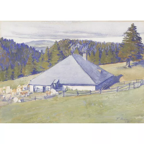 François Jaques — Bauernhaus mit Kühen in den Freibergen.