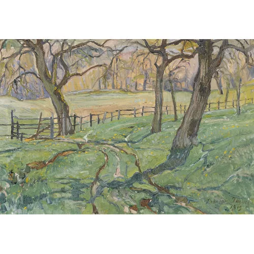 François Jaques — Winterliche Landschaft mit Feldweg unter Bäumen.