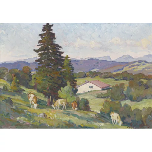 François Jaques — Sommerliche Landschaft mit weidenden Kühen.