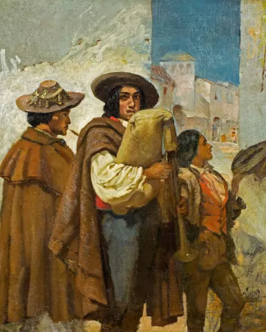 Dudelsackpfeifer mit zwei Begleitern, 1861/62