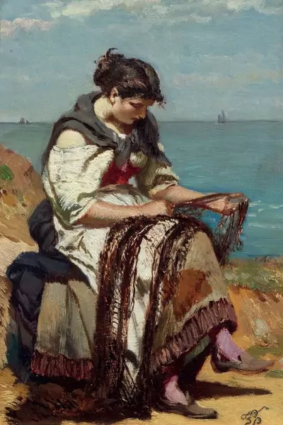 FRANK BUCHSER — Sitzende Fischersfrau an einer Küste. — Koller Auktionen