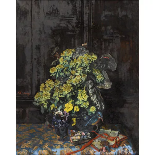 Frank Louis Behrens — Stillleben mit Blumen und Eisvogel.