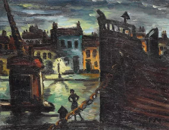 Frans Masereel — Boulogne, proue de vapeur, grue et fille