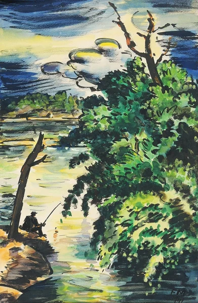 Frans Masereel — Angler an einem Flussufer sitzend, 1941