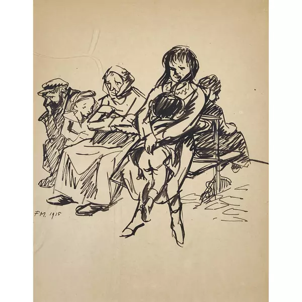 "Mère et enfants assis sur banc"