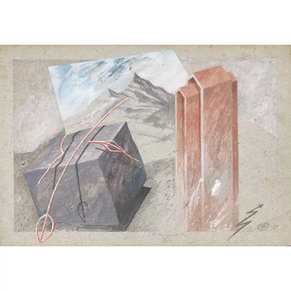 Komposition mit geometrischen Objekten und Bergbild