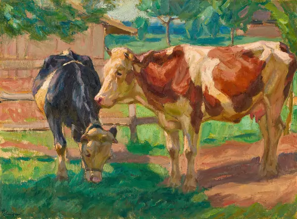 «Zwei Rinder (hinter dem Zaun)» – Franz Elmiger
