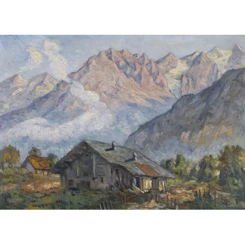 Franz Gehri — Sommerliche Bergpartie mit Bauernhäusern.
