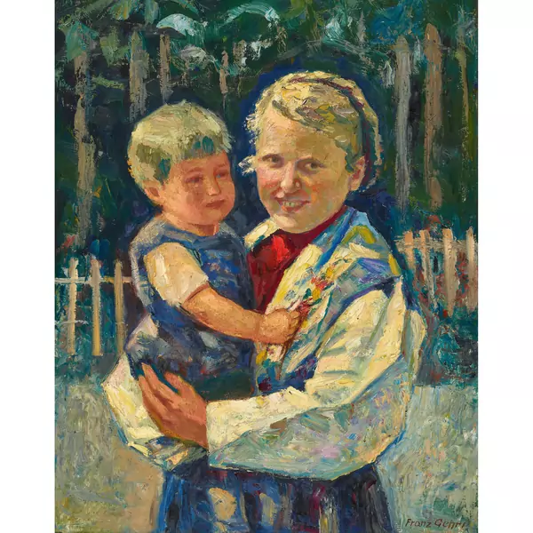 Trachtenmädchen mit Knabe auf dem Arm