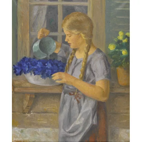 Franz Gehri — Mädchen beim Blumengiessen.