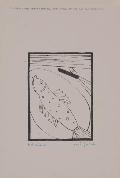 Franz Gertsch — 3 Blätter: Der gebratene Fisch, 1948; Neujahrsblatt, 1948; Am Ufer, 1950
