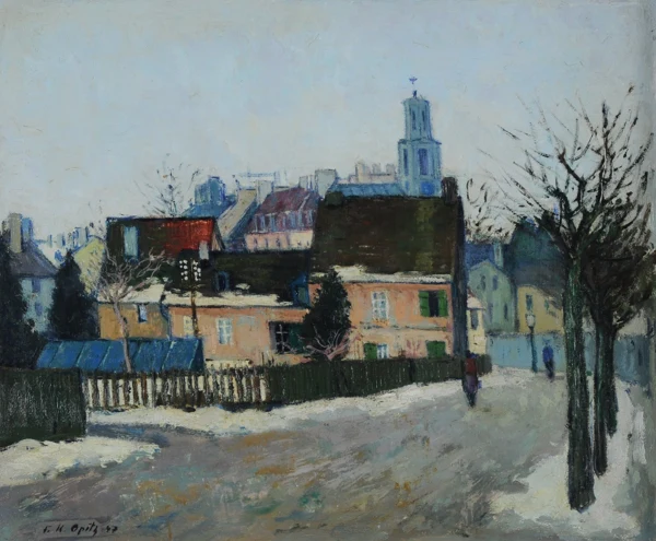 Franz Karl Opitz — Winter in Zürich mit Kirche Neumünster, 1947