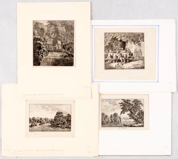Franz Niklaus König — "Die Sitzung unter der Linde", "Die Oberhaslerin auf dem Brücklein", "Bey Unterseen" und Landschaft im Berner Oberland