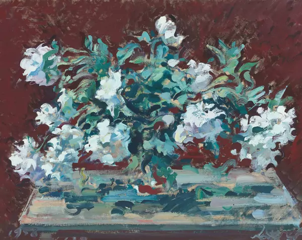 Franz Rederer — Pfingstrosen auf Rot. 1958. — Schuler Auktionen